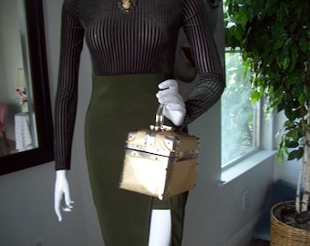 Box Purse Gold Embossed Train Case Gold Tone-Brass Accents Velvet Lining Structured Double Handle Collectors Purse Runway Couture  Italy