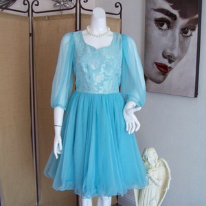 Teal Chiffon Formal Dress Original by Carol&#39;s Creations Dress Swing Prom Dress Layered Ruffled Cotillion Billowy Romantic Sheer Sleeves