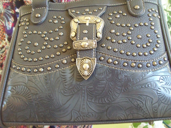 Montana West Handbag Gray Tooled Embossed Leather… - image 1