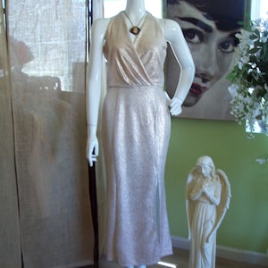 SALE: Glam Dress Rose-Gold Mother-of-Bride Ivory Champagne Shimmery Sexy Side Slit Sparkle Gown Party Cocktail Dress Slit Draped Back Sz 6