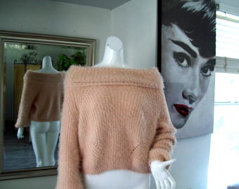 Slouchy Sweater Pull Over Soft Warm Top Peachy Pink Large Collar Knitted Fuzzy Furry Warm Top