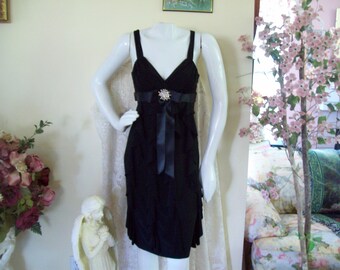 Betsy and Adam Black Cocktail Dress, Party Dress w/Aurora Borealis Brooch, Black Vertical Ruffled Dress, sz 4