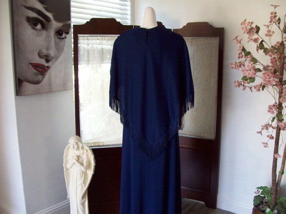 Fringe Cape Dress Navy Vntg Leslie Fay Maxi Dress… - image 2