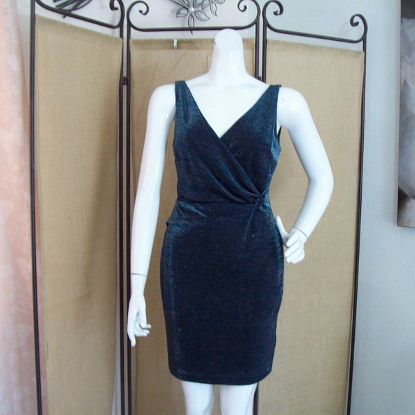 Teal-Charcoal Sparkle Dress Bodycon Metallic Teal Sleeveless Criss Cross Bodice w/Knotted Ruched Waist Sz 6 by Guess