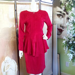 Red Peplum Dress Long Sleeve Silk Dress Lipstick Red V-Back Slit Skirt Dress Made in Hong Kong Cherry Red Dress Sz 6