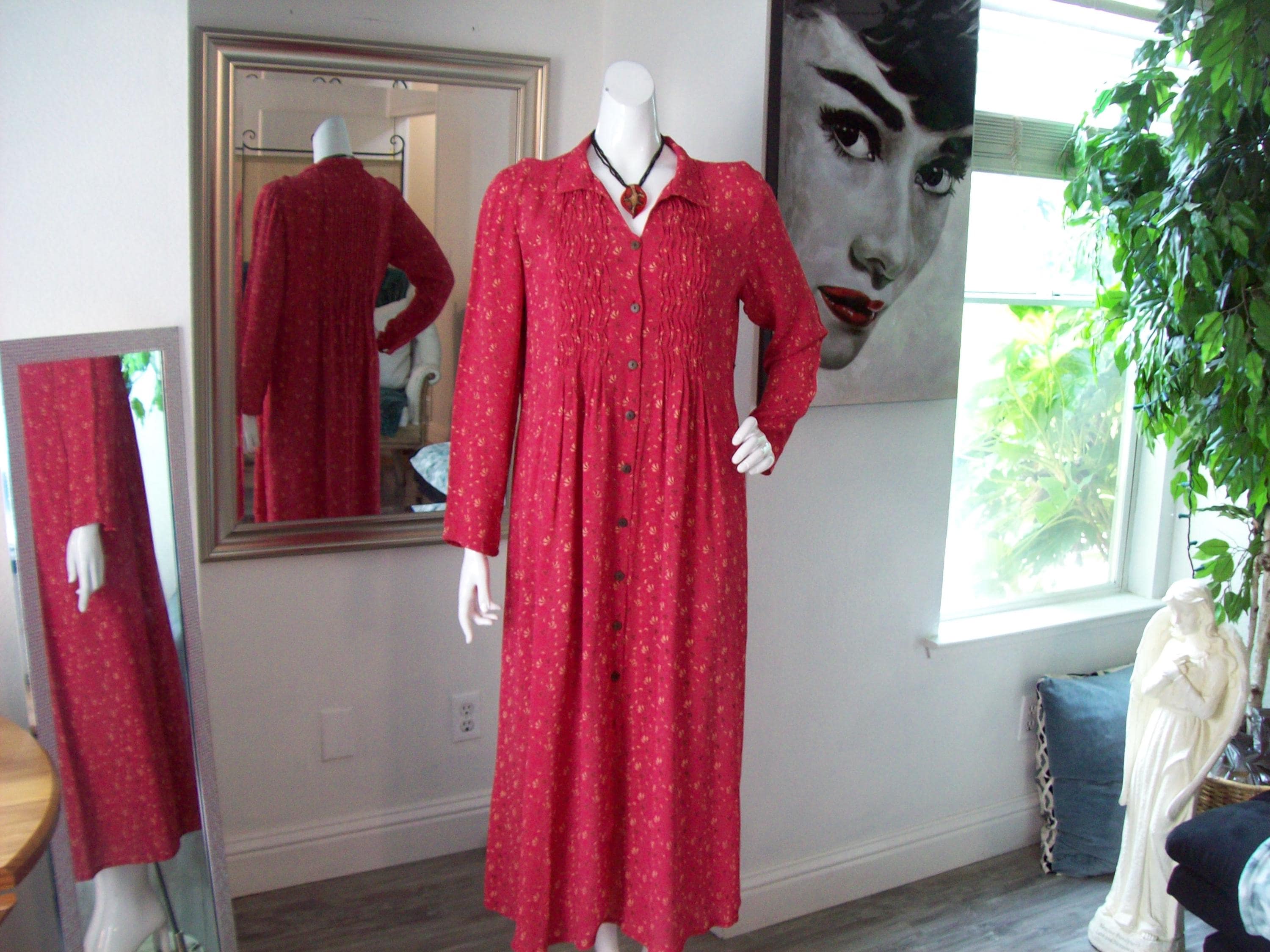 Prairie Dress Rustic Red Button up Dress by April Cornell Casual Yellow  Flower Design Pleated Bodice/back Pockets Cool Rayon Fabric Szm - Etsy