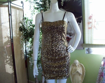 Bodycon Party Dress Liquid Gold Sequins Built-In Bra Adjustable Straps Disco Dress New Years Eve Dress Sz S