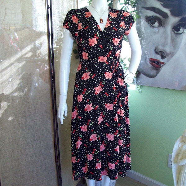 Cherry CottageCore Dress Cherry Blossom Wrap-Around Tiny White Daisies Print Floral on Black Garden Party Office to Dinner Date, Sz M