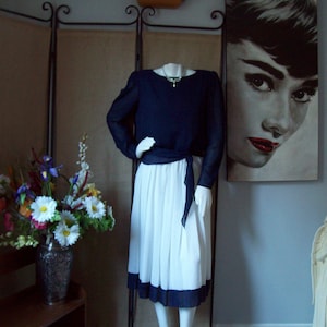 Vintage Hal Ferman Navy-White Pleated Dress Sheer Polyester Easter Sunday Dress Wedding Guest Dress, sz 10