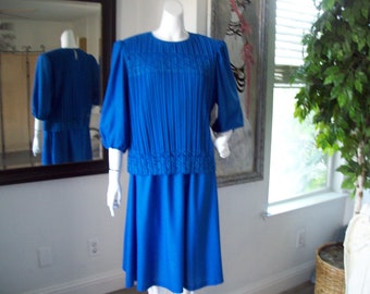 Vintage Pleated Dress BlueOnBlue Lacy Pleated Bodice 3/4 Sleeves Lacy Pleated Overlay Easter Church Secretary Sz 18