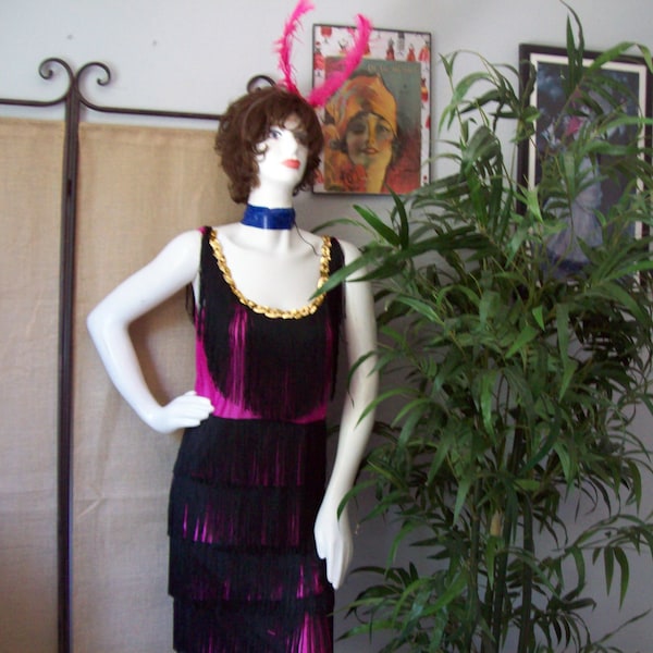 Flapper Dress Hot Pink Flapper Black Fringe Gold Sequin Trim Pink Feather Head Band Flapper Costume Great Gatsby Sz S