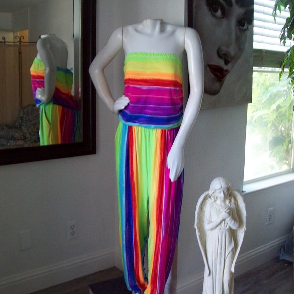 Rainbow Strapless Jumpsuit Pockets Ruched Cuffs Stretchy Comfy Soft Fabric Gay Parade Rainbow Pride Stripe Jumpsuit Sz 3X  Large Busted