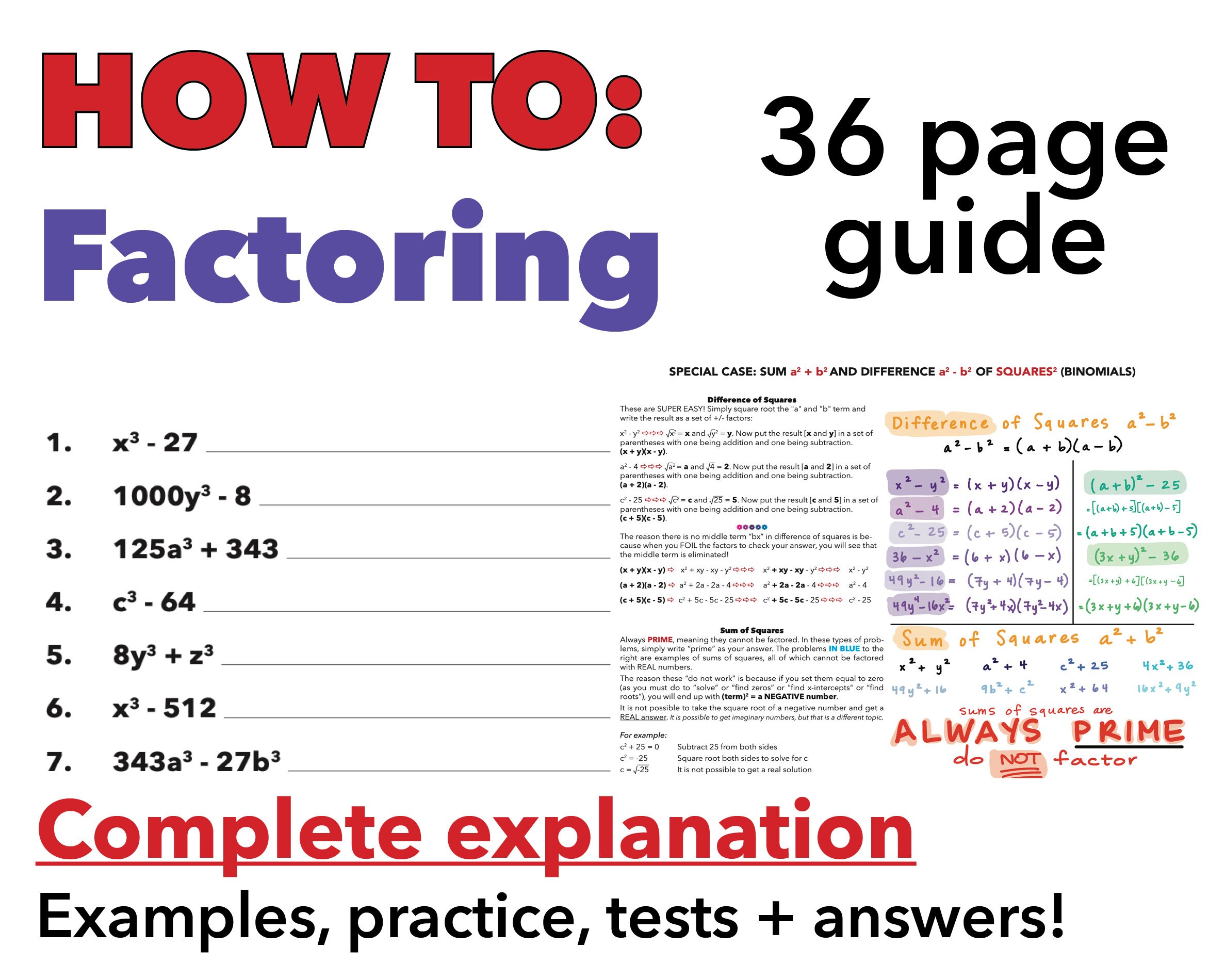 A 36 page Guide to All Forms of Factoring by Cute Calculus - Math Study - Instant Download - Master the Factor Final Exam Review