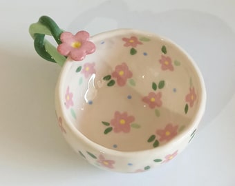 Handmade Floral Ceramic Mug: 3D Pink Flower Coffee Cup, Twisted Green Handle