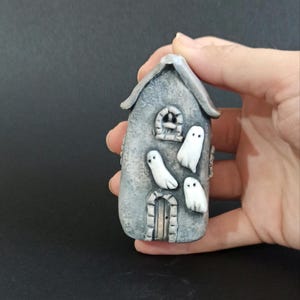 Handmade Ceramic Haunted House with Ghosts: Spooky Halloween Decor