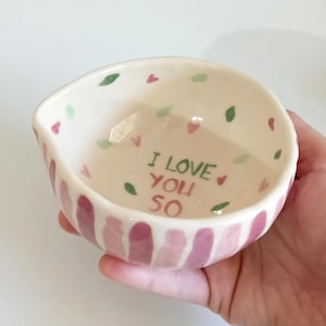 Hand Painted Ceramic Matcha Bowl: I Love You So Matcha, Green Leaves & Pink Hearts