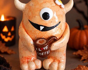 Handmade Halloween Monster Figurine, Cute Cyclops Ceramic Sculpture, Coffee Lover Gift, Fall Decor, Whimsical Ceramic Art Collectible