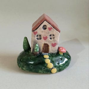 Handmade Ceramic Cottage House on Green Hill: Whimsical Miniature Home Decor