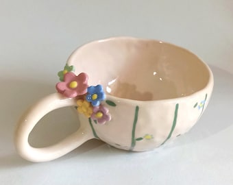 Handmade Floral Ceramic Mug, Pottery Coffee Cup with 3D Flowers