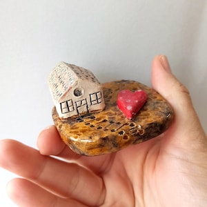 Mini Ceramic House Figurine - Stoneware Base with Brown Glaze, Heart Detail, Handmade Tiny Ceramic House, Handmade Home Decor, Unique Gift