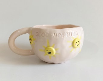 Handmade Ceramic Mug: Sun Smiley Faces Relief, Gift Cup