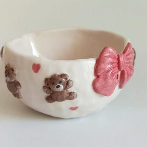 Handmade Ceramic Matcha Bowl with cute Teddy Bears and Bows, Unique Hand Shaped & Painted Tea Bowl, Japanese Style, Chawan, Pottery Tea Cup