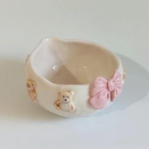 Handmade Ceramic Matcha Bowl: Teddy Bear, Pink Bow Tea Bowl
