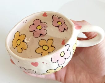 Handmade Ceramic Floral Mug: Pink & Yellow Pottery Coffee Cup