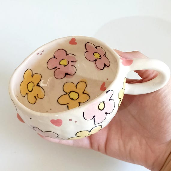 Handmade Ceramic Floral Mug: Pink & Yellow Pottery Coffee Cup