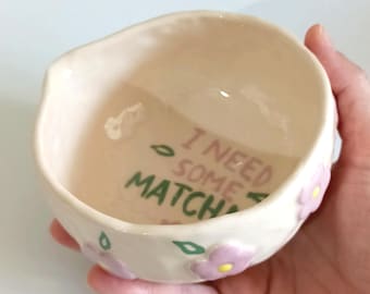 Handmade, Hand Painted Ceramic Matcha Bowl, Pink Floral Chawan, Japanese Tea Pottery Gift