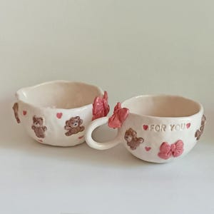 Handmade Ceramic Matcha Set Teddy Bears and Bows, Unique Hand Shaped & Painted Tea Bowl and Matcha Mug, Japanese Style, 2 pcs Chawan Set