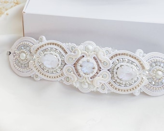 Soutache wedding bracelet,  white embroidery bride bracelet