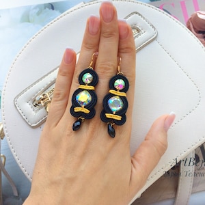 Soutache black gold earrings with crystals, beautiful soutache earrings, evening earrings, shiny earrings, party earrings, Christmas gifts,