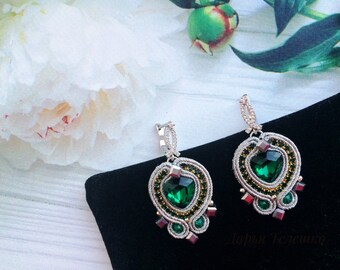 Emerald earrings dangle, soutache green silver earrings, cool emerald crystals soutache earrings, soutache green crystals earrings