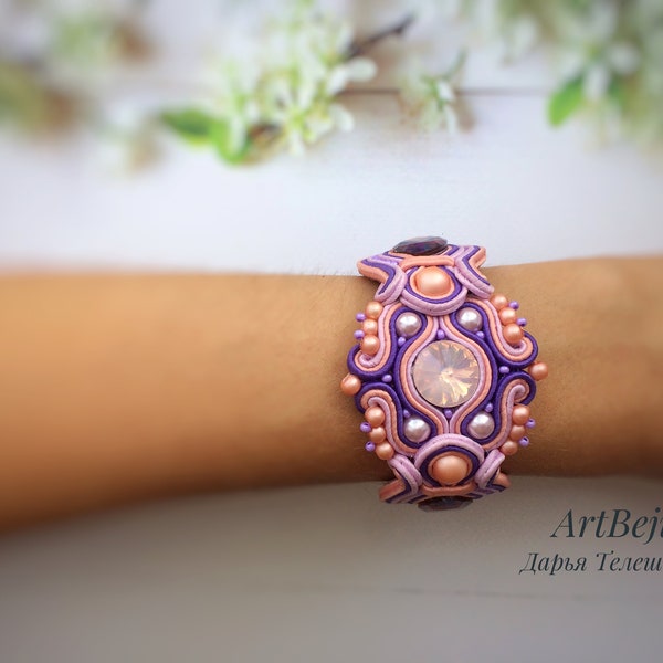 Bracciale rosa lilla Soutache, bracciale soutache bello, gioielli soutache, bracciale gioielli fuoco, bracciale ricamo, bracciale unico