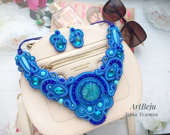 Conjunto de joyas de soutache azul, collar y pendientes azules, conjunto de joyas de soutache, collar con bordado de soutache