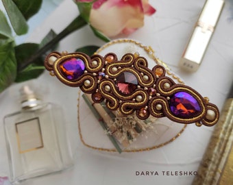 Sutache brown gold hair clip, hair accessories, hair soutache jewelry, wedding purple barrette, biege sweet barrette, soutache hair clip