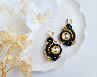 Black Gold Embroidered Earrings, black Gold Soutache Earrings, Indian Earrings, Bollywood Earrings, statement black Earrings