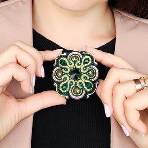 Emerald beaded flower brooch, large green biege flower brooch, unique soutache brooch, green flower brooch, gift for women