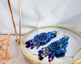 Cool blue embroidery earrings, blue soutache earrings, indian earrings , bollywood earrings, bridesmaid gifts