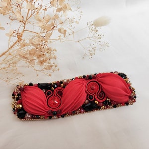 Shibori and soutache red black bracelet, embroidery red blackl bracelet, image 9