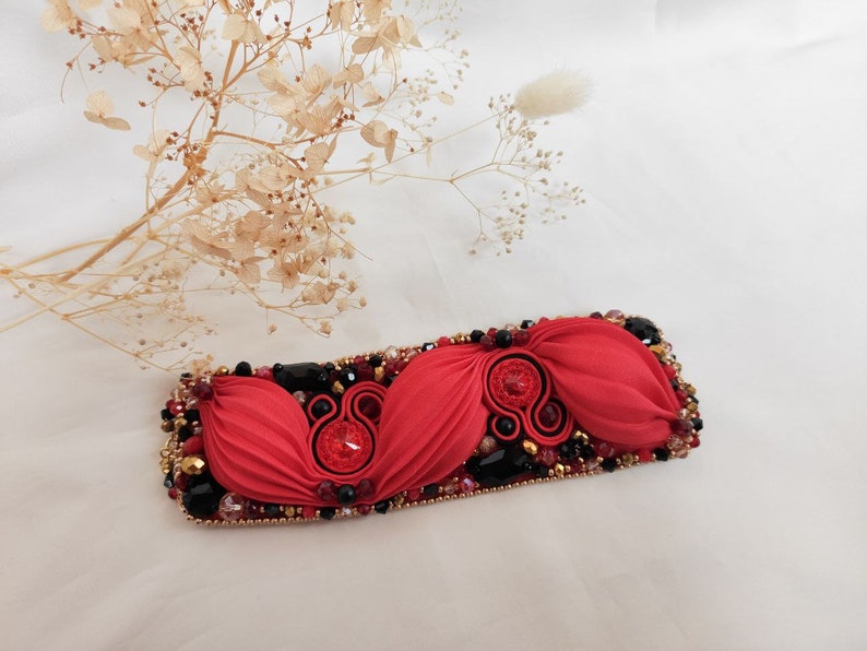 Shibori and soutache red black bracelet, embroidery red blackl bracelet, image 9