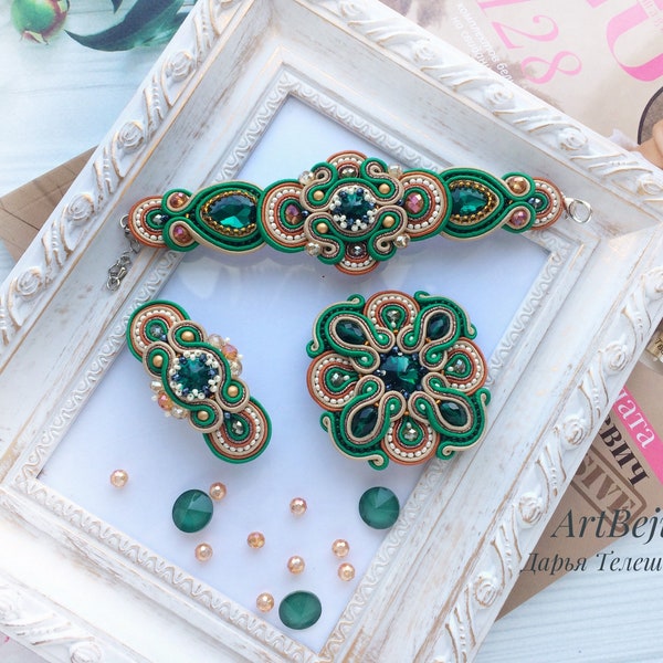 Conjunto de joyería marrón verde soutache, broche broown verde soutache, kit de joyería soutache