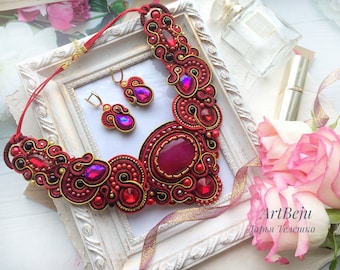 Conjunto de joyas de oro negro rojo Soutache, collar de oro rojo