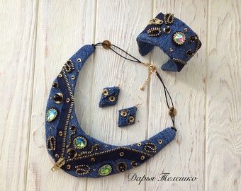 Denim jewelry set, denim ring, bracelet and earrings