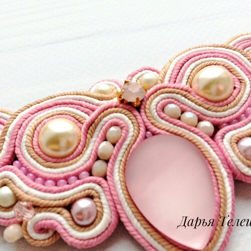 Soutache pink retailer beige necklace, wedding pink and beige necklace, soutache pearl beaded choker, soutache embroidery necklace, bride jewelry