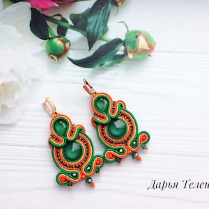 Soutache green orange earrings, beautifull green soutache earrings, soutache green crystals earrings, gift for mom