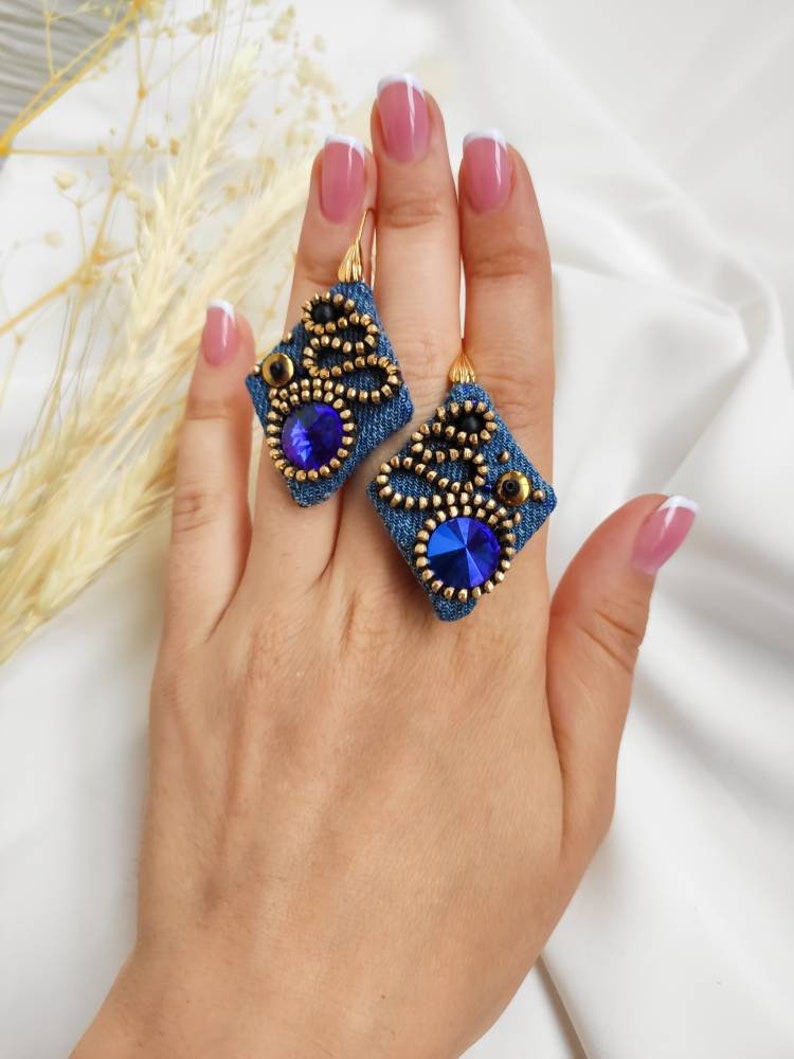 Denim earrings, denim jewelry, denim blue beaded earring image 9