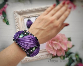 Purple bracelet and earrings, lilac soutache jewelry set, purple jewelry set