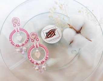 Soutache white pink earrings, beautifull light pink wedding earrings, embroidery pink white earrings